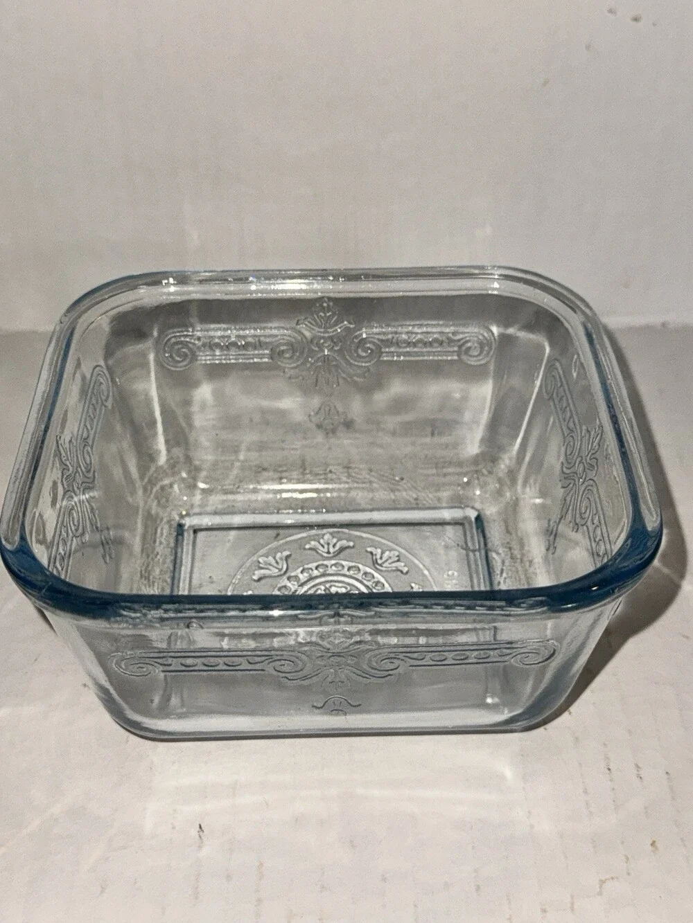 Vintage Blue Tint Glass Refrigerator Dish Embossed Floral Scroll No Lid